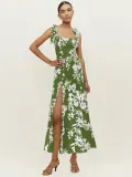 Summer Sexy Strap Slit Dress Fashion Floral Lace-Up Strapless Midi Dress