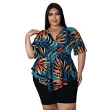 Plus Size Women Printed T-Shirt and Shorts Two-Piece Set