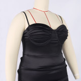 Artı Boyutu Kadınlar Seksi Saten Yarık Pileli Backless Bodycon Elbise