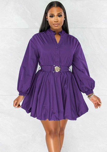 Einfarbiges Tunika-Kleid mit Stehkragen und langen Ärmeln für Damen