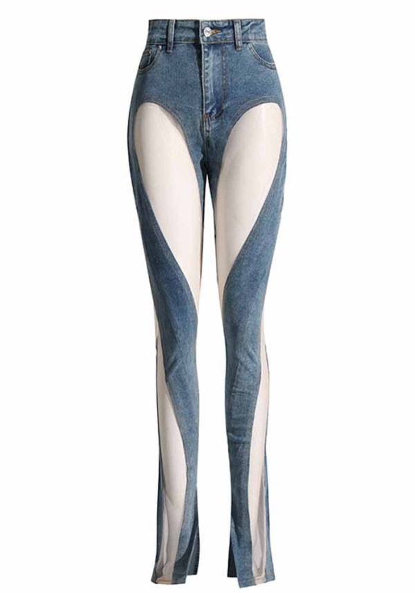 Pantalones de mezclilla de patchwork irregular con recorte sexy para mujer
