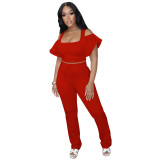 Women's Clothes Solid Color Irregular Short-sleeved Trousers Sports Suit Two-piece Cotton