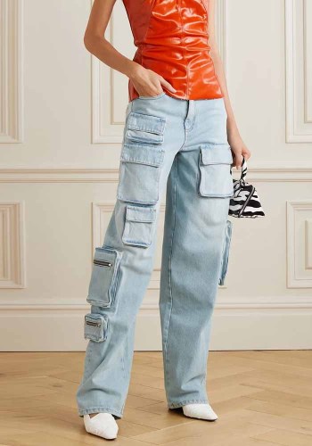 Pantaloni cargo in denim vintage da donna con cerniera multitasca lunga a vita media
