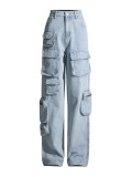 Mid Waist Long Straight Multi Pocket Zipper Women's Vintage Denim Cargo Pants