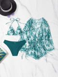 Traje de baño con estampado de falda para mujer, traje de baño de tres piezas con malla de manga larga y bikini para el vientre