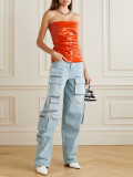 Mid Waist Long Straight Multi Pocket Zipper Women's Vintage Denim Cargo Pants