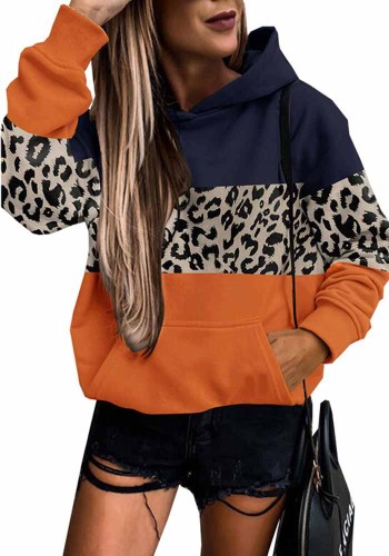 Sweat à capuche patchwork léopard pour femme hiver décontracté polyvalent bloc de couleur sweats à capuche