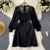 Elegant Women'S Spring Chic French Style Black Lace Patchwork Dress