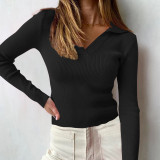 Franse Elegante Turndown Kraag Top Lente Dames Strakke pasvorm Puur Katoen Geribbeld Diep V-T-shirt met lange mouwen