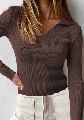 Français élégant col rabattu haut printemps femmes ajusté pur coton côtelé profond V à manches longues T-Shirt