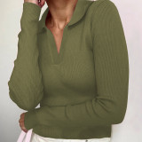 Camiseta de manga larga con cuello vuelto elegante francés para mujer de primavera ajustada de algodón puro acanalado con escote en V profundo