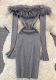 Spring Fashion Sexy Off Shoulder Fur Collar Tight Fitting Slim Fit Knitting Basic Bodycon Dress