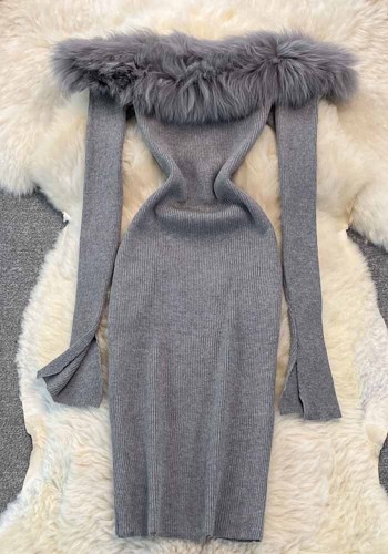 Весенняя мода сексуальное с открытыми плечами меховой воротник облегающее облегающее облегающее вязаное базовое облегающее платье