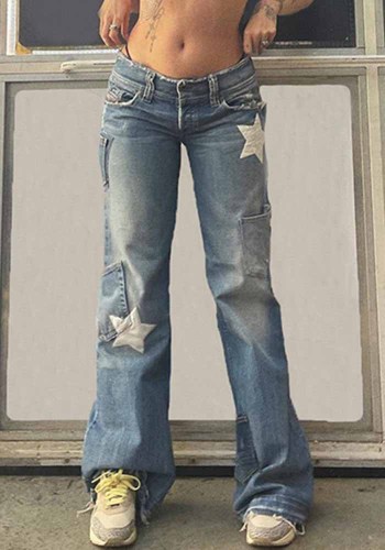 アメリカのレトロなスタイルのスタープリント非対称デニムパンツ女性のストレートレッグジーンズパンツ女性のズボン