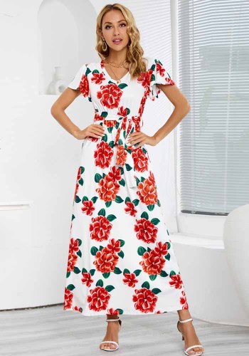 Moda İnce Şık Kısa Kollu V Yaka Çiçek Baskı Yaz Bayan Plus Size Maxi Elbise