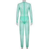 Spring And Autumn Sexy Women'S Solid Color Basic Mesh Patchwork Tight Fitting Jumpsuit