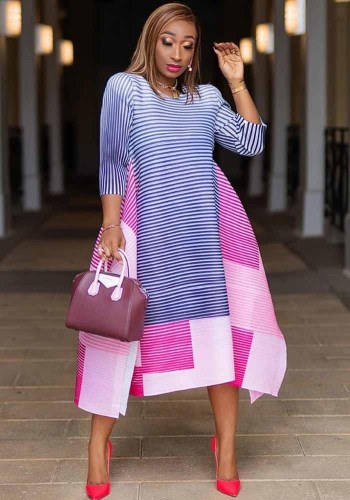 African Loose Plus Size Damen Frühling Retro Stripes bedrucktes lässiges lockeres Kleid