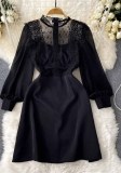 Elegante lente-chique Franse stijl zwarte kanten patchworkjurk voor dames