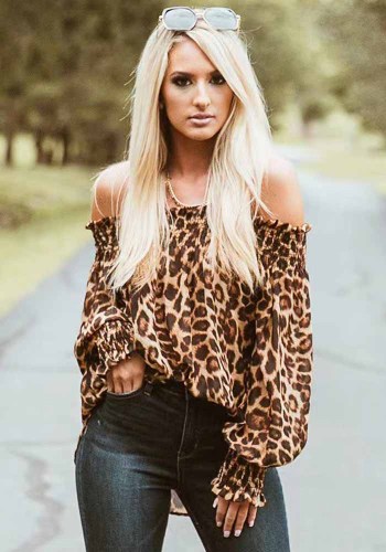Дамы с длинным рукавом с леопардовым принтом на плечах Сексуальная шифоновая рубашка с леопардовым принтом на плече