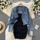Fashionable Style Suit Women'S Short Denim Coat Jacket Straps Bodycon Dress Two-Piece Set