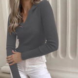 Franse Elegante Turndown Kraag Top Lente Dames Strakke pasvorm Puur Katoen Geribbeld Diep V-T-shirt met lange mouwen
