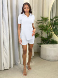 Women'S Fashion Solid Color Short Sleeve Rib Side Slit Button V Neck Casual Two-Piece Shorts Set
