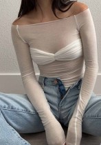 İlkbahar Yaz Kadın Transparan Omuz Uzun Kollu Tişört Üst