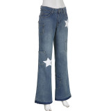 Pantalones de mezclilla asimétricos con estampado de estrellas de estilo retro americano Pantalones de mezclilla de pierna recta para mujer Pantalones de mujer