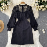 Elegant Women'S Spring Chic French Style Black Lace Patchwork Dress