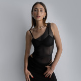 Women'S Spring Fashion Sexy Mesh See-Through One Shoulder Tight Fitting Bodysuit