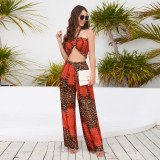 Fashion Summer Set Printed Fitting Strapless Halter Neck Top Wide Leg Pants Casual Women Two Piece Set