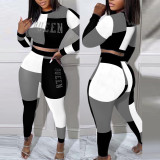 Ladies Fashion Contrast Print Casual Round Neck Long Sleeve Two Piece Pants Set