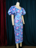 Spring Lantern Sleeve Chic High Waist Floral Print Midi Party Dress