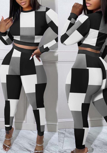 Bayan Modası Kontrast Baskı Günlük Yuvarlak Yaka Uzun Kollu İki Parça Pantolon Seti
