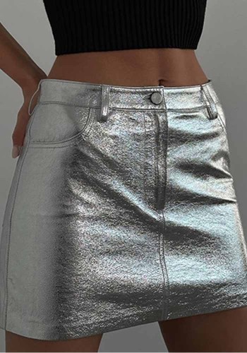 Jupe taille haute en cuir brillant de couleur unie de printemps
