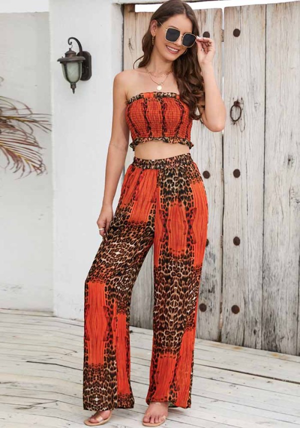 Fashion Summer Set Printed Fitting Strapless Halter Neck Top Wide Leg Pants Casual Women Two Piece Set