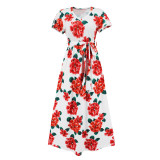 Fashion Slim Chic Short Sleeve V Neck Floral Print Summer Ladies Plus Size Maxi Dress