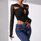 Sexy See-Through Patchwork T-Shirt Fishbone Tunic Long-sleeved Top Women