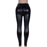 Sexy peach hip pu Tight Fitting high-waisted leather pants women's zippered trousers