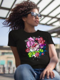 Lente Zomer Dames Mode Afdrukken Zwart T-Shirt Korte Mouw Dames Top Basic Shirt