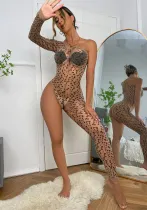 Women'S Leopard Print One-Sleeved Single Leg Bodystocks