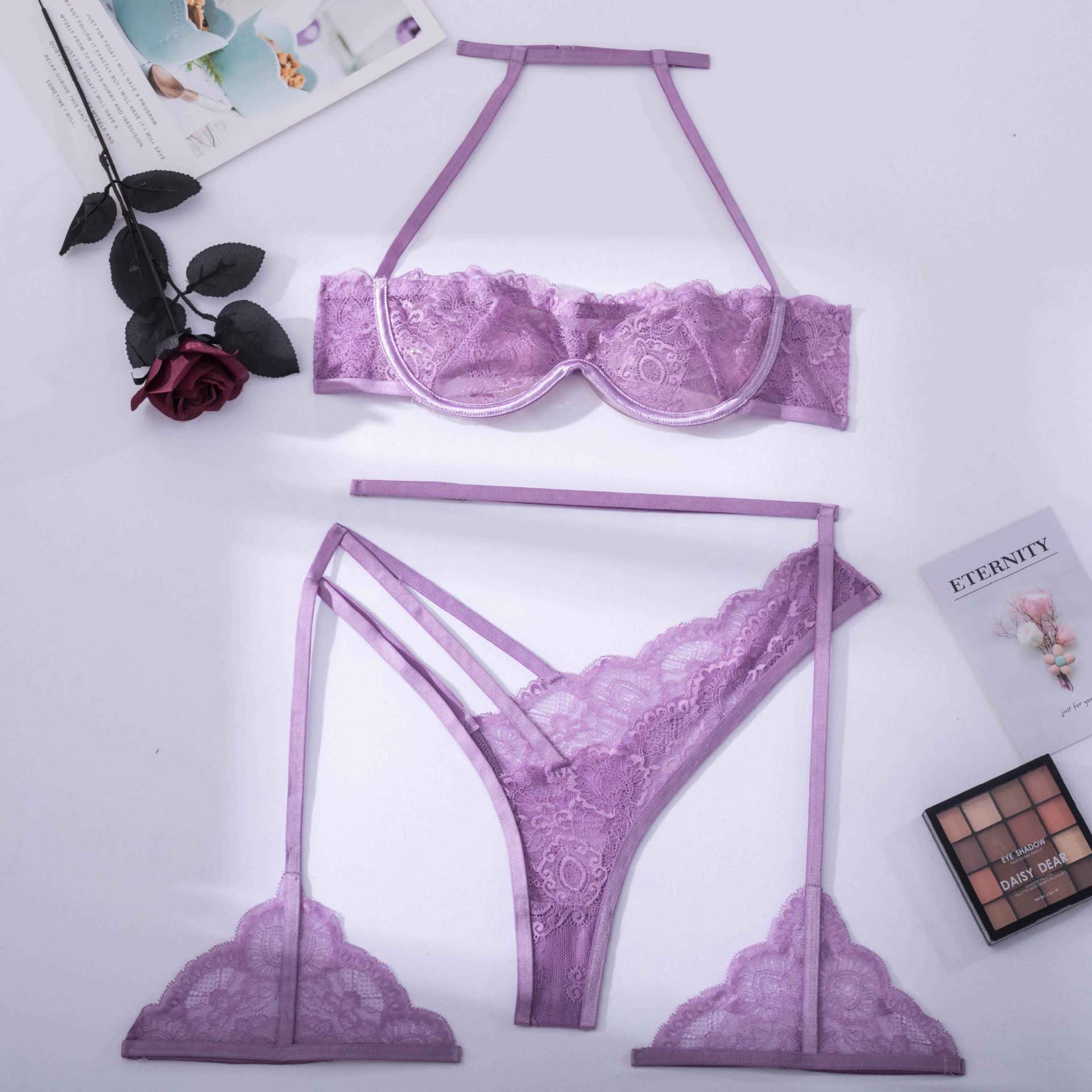Buy online Purple Lace Detailed Bra And Panty Set from lingerie
