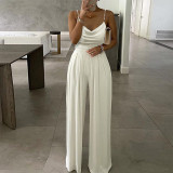 Sexy V-Neck Low Back Pearl Straps Wide Leg Sleeveless Wide Leg Trousers Jumpsuit