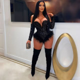 Women Sexy Feather Sequin Jumpsuit