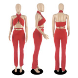 Women Solid Halter Top and Pant Two-Piece Set