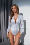Sexy Laser Shiny Nightclub Jumpsuit Long Sleeve Slim V-Neck Double Hidden Button Jumpsuit