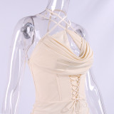 Spring Herringbone Mesh Cutout Cross Tie Pleated Low Back Mini Dress