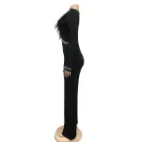 Women'S Fashion Feather Patchwork Beaded V-Neck Long Sleeve One Peice Trousers Sexy Ladies Jumpsuit
