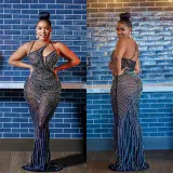 Women'S Fashion Mesh Beaded Sleeveless Straps V-Neck Maxi Dress
