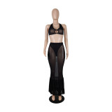 Женский плюс размер, сексуальный модный прозрачный укороченный топ с лямкой на шее, длинная юбка, комплект из двух предметов для ночного клуба